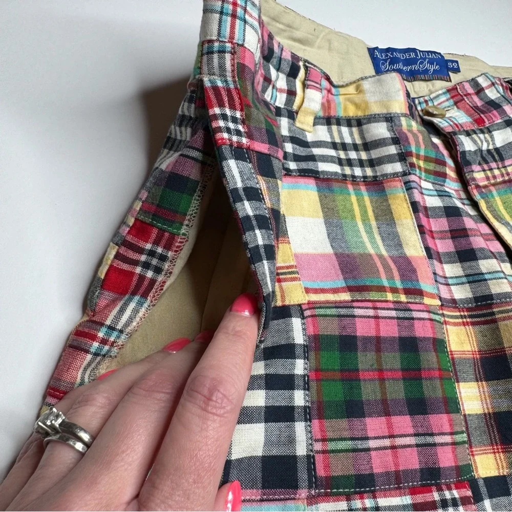 Alexander Julian Southern Style Patchwork Madras Plaid Shorts Preppy Flat Front